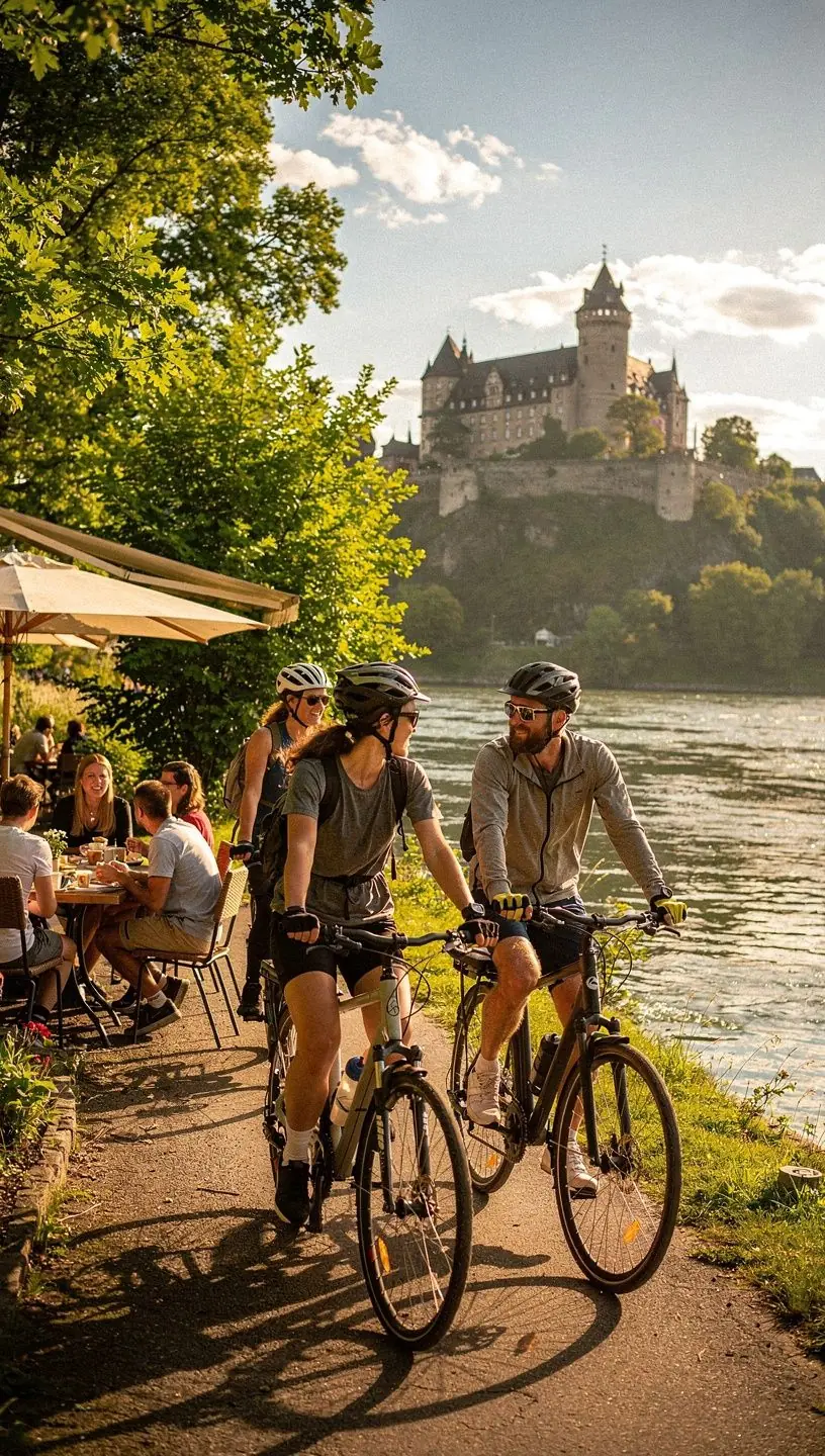 Gruppe von Radfahrern erhält professionelle Beratung zu Routenplanung und Ausrüstung in einem Informationszentrum.